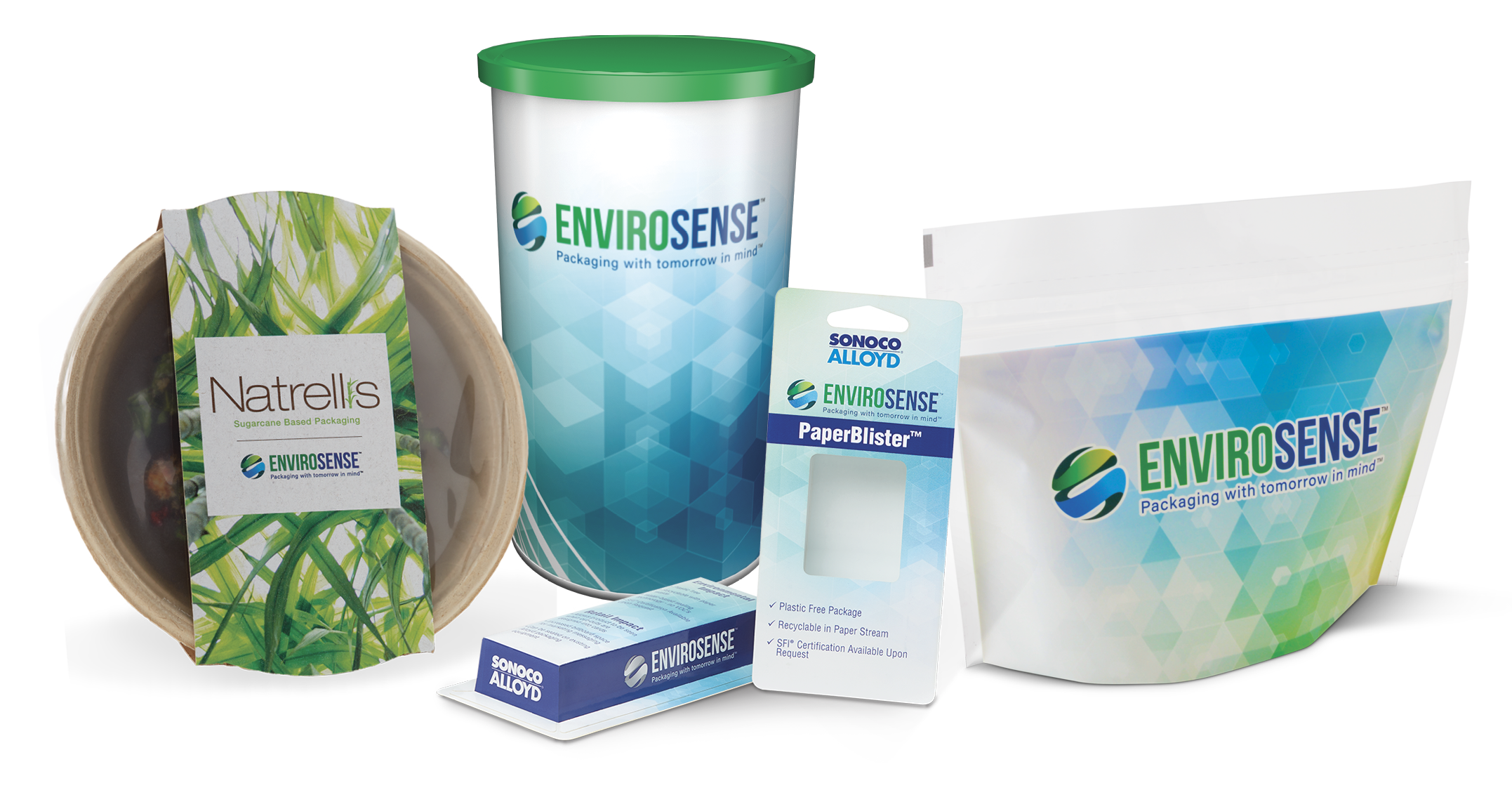 EnviroSense product packaging, including a covered bowl, a tube with a lid, PaperBlister packaging, and pouch.  