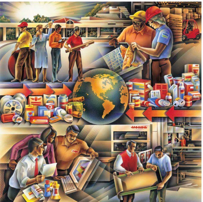 Illustration of people working together, some gathered around a computer, some around packaging, and some of different professions. A globe is in the middle and on either side are different types of packaging solutions.