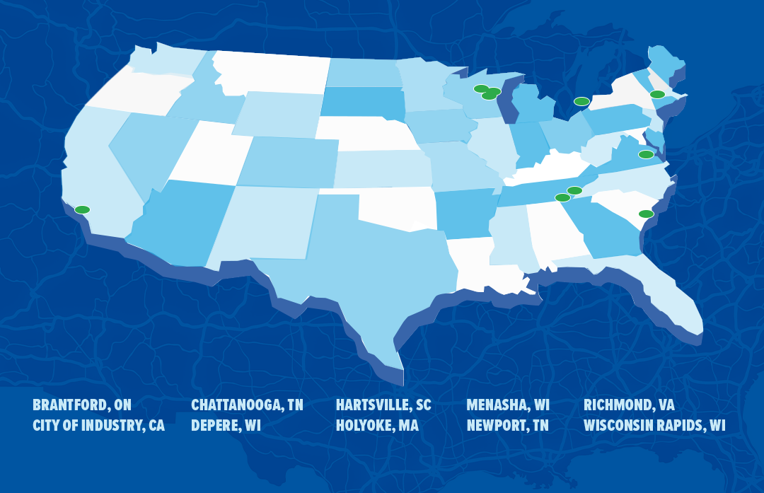 Graphic map showing paper mill locations